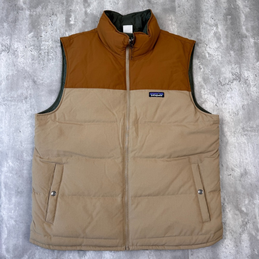 Patagonia Reversible Bivy Down Vest Mens L Brown Green Colorblock Puffer Outdoor